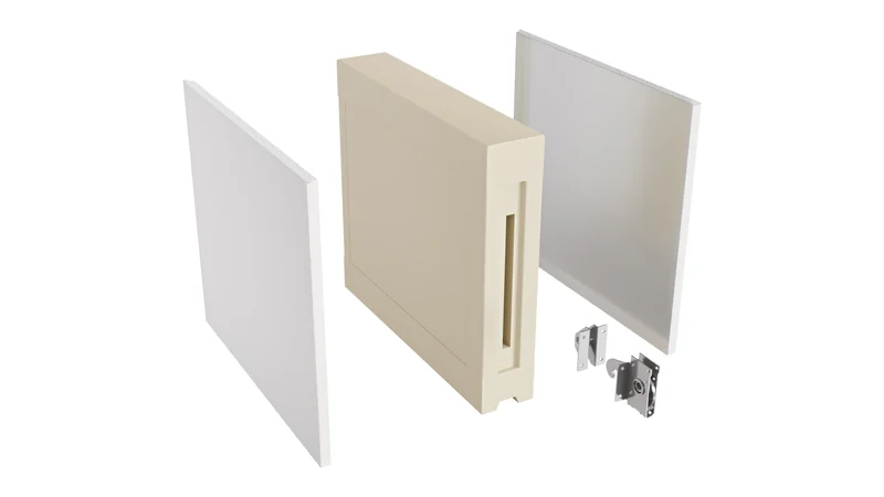 Exploded view of an insulated cam-lock wall panel on white