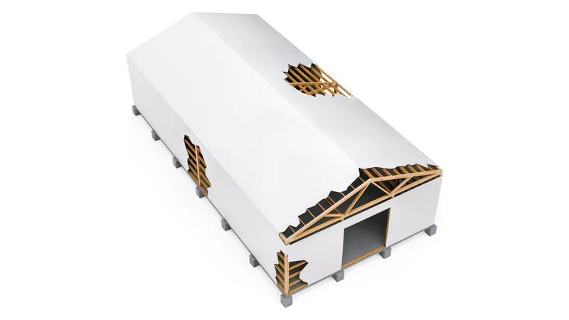 Post-frame building on concrete piers, rendered in 3D on white