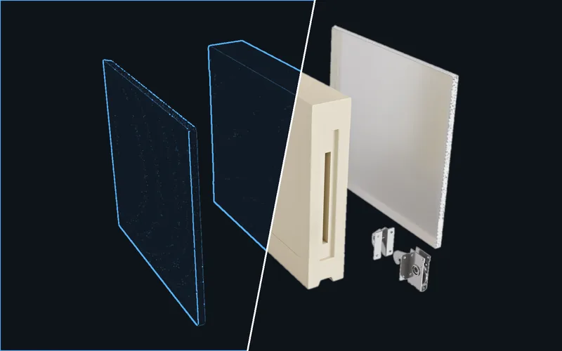 Insulated wall panel shown half as a blue wireframe and half as the finished exploded render